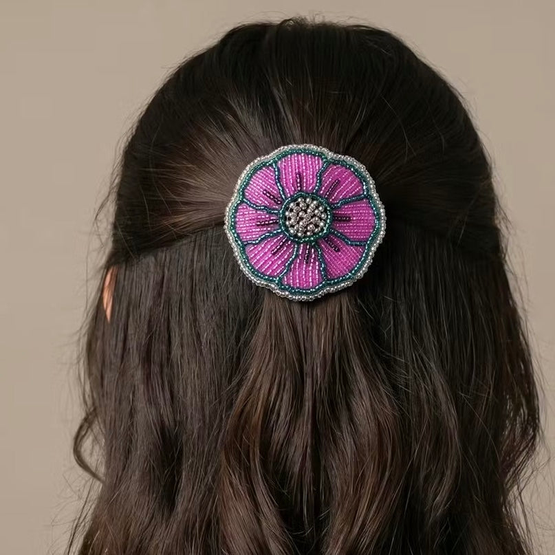 Pink/Purple Beaded Flower Barrette