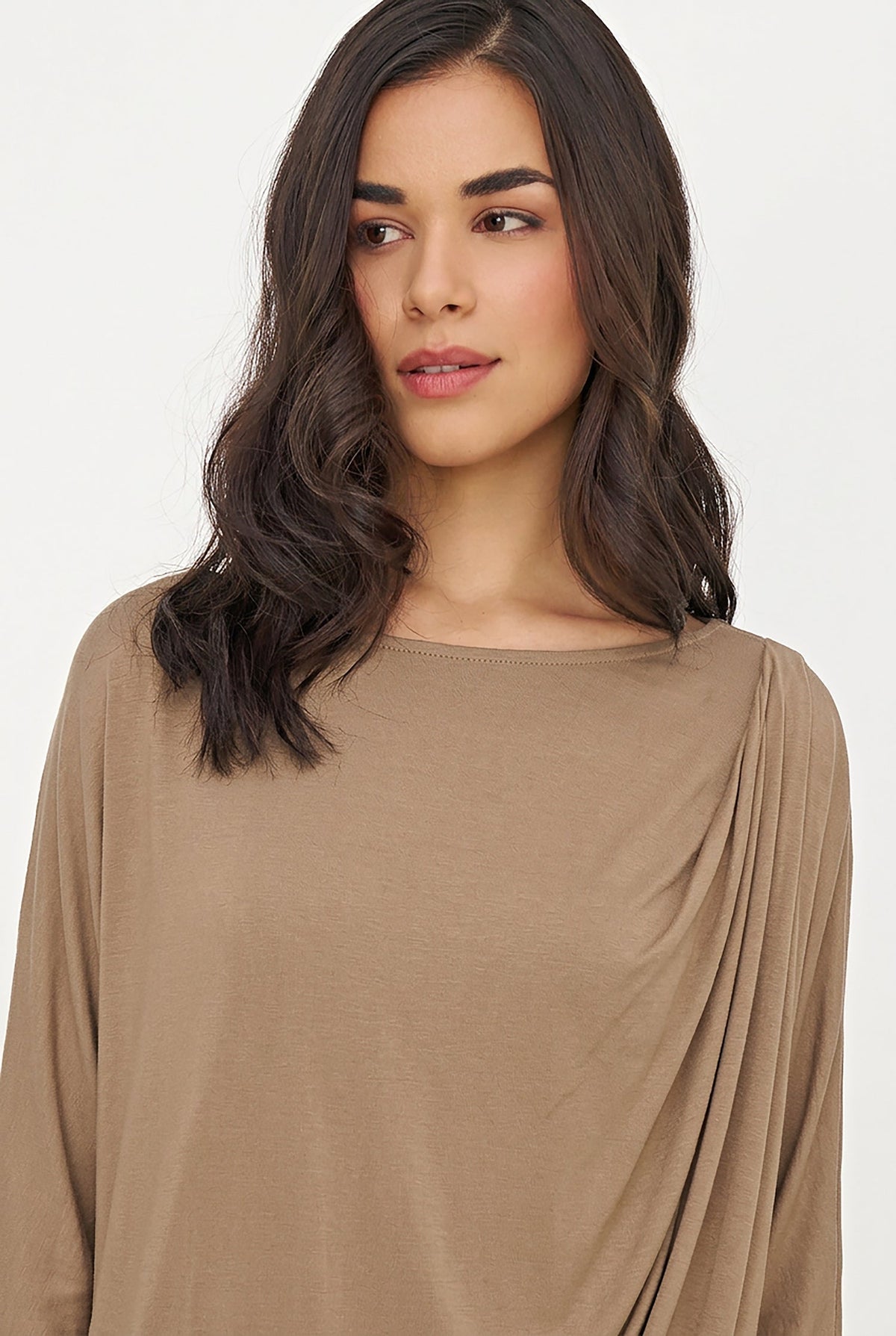 Women's Soft Knit Crew-Neck Tunic, 3/4 Sleeves & Draped Shoulder
