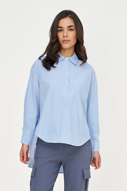Women's Striped Tunic, Long Sleeves, High-Low Hem & Side Buttons