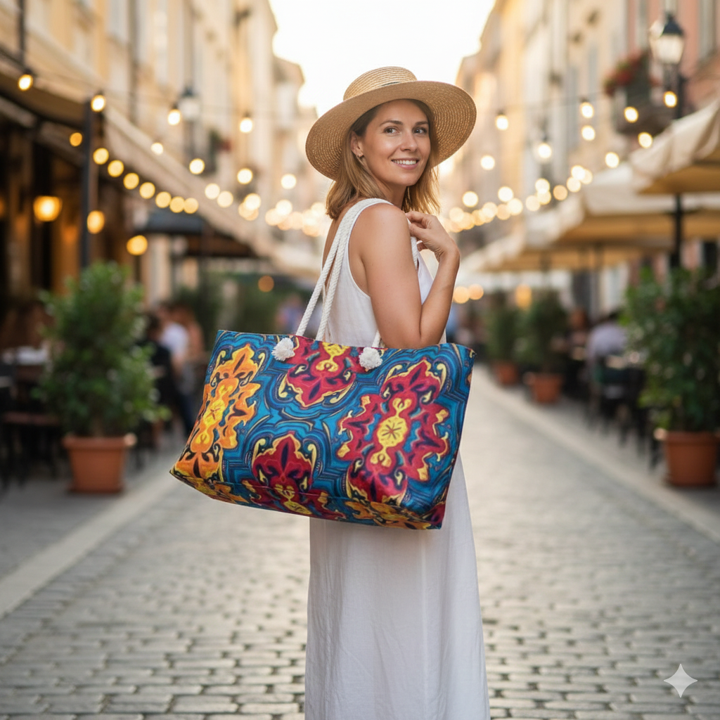 Colorful Mosaic Pattern Weekender Bag | Boho Tile Travel Tote | Mom Carryon | Mother's Gift - AURABAGS SHOP