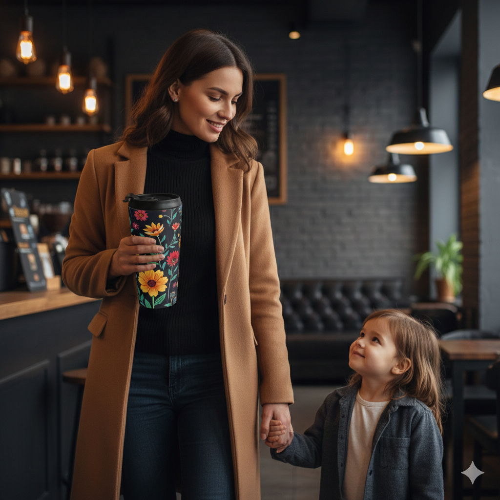 Colorful Floral Pattern Stainless Steel Travel Mug | Black Background - AURABAGS SHOP