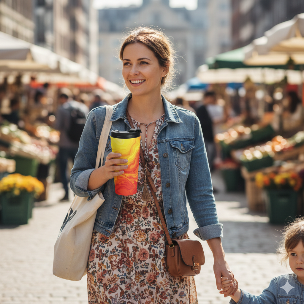 Sunset Swirl Stainless Steel Travel Mug — Insulated Orange & Yellow Marble Drink Tumbler - AURABAGS SHOP