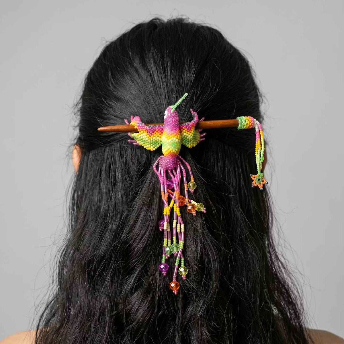 Pink Hummingbird Beaded Hair Stick