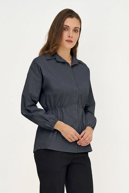 Women's Woven Button-Down Shirt, Long Sleeves & Elastic Waist