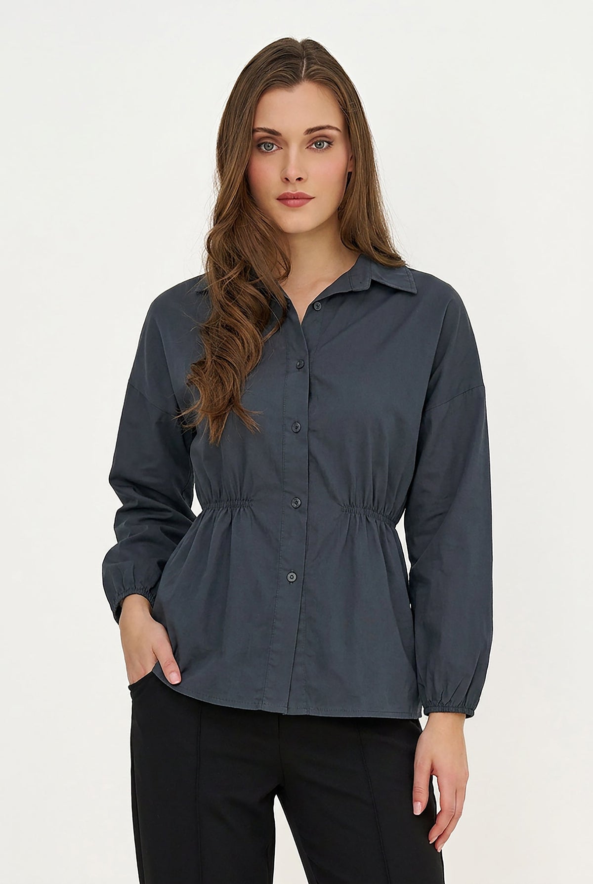 Women's Woven Button-Down Shirt, Long Sleeves & Elastic Waist