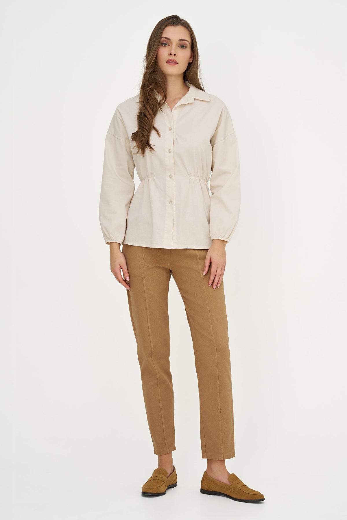 Women's Woven Button-Down Shirt, Long Sleeves & Elastic Waist