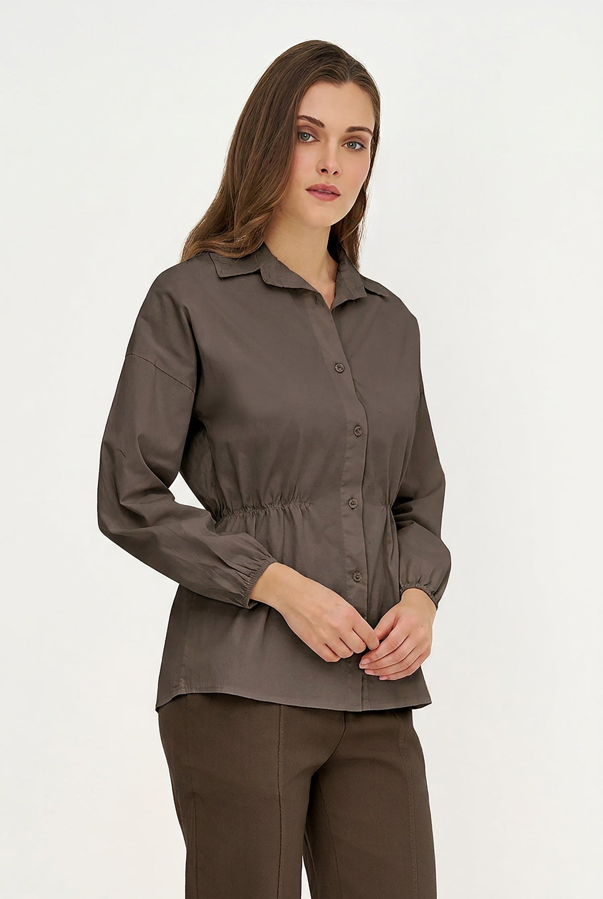 Women's Woven Button-Down Shirt, Long Sleeves & Elastic Waist