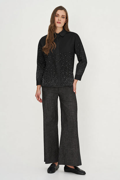 Women's Woven Button-Down Shirt with Long Sleeves & Decorative Studs