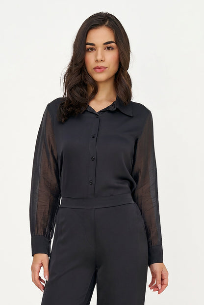 Women's Button-Down Shirt with Satin Body & Semi-Sheer Sleeves