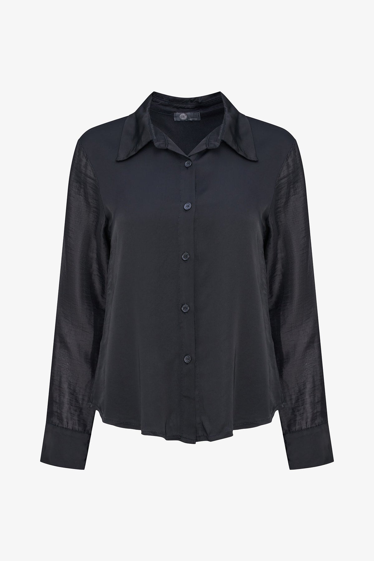 Women's Button-Down Shirt with Satin Body & Semi-Sheer Sleeves