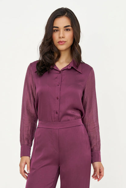 Women's Button-Down Shirt with Satin Body & Semi-Sheer Sleeves