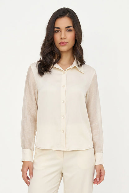 Women's Button-Down Shirt with Satin Body & Semi-Sheer Sleeves