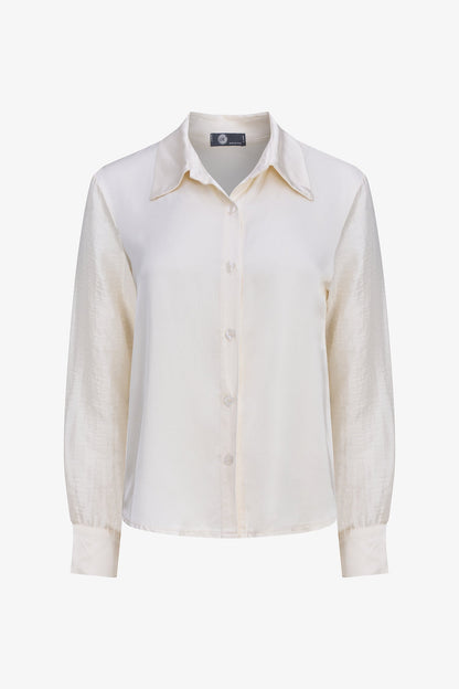 Women's Button-Down Shirt with Satin Body & Semi-Sheer Sleeves