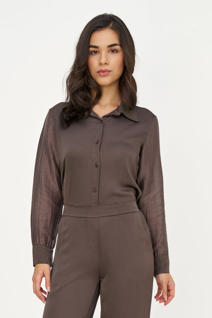 Women's Button-Down Shirt with Satin Body & Semi-Sheer Sleeves