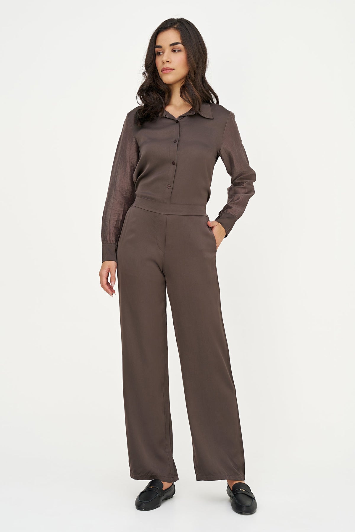 Women's Button-Down Shirt with Satin Body & Semi-Sheer Sleeves