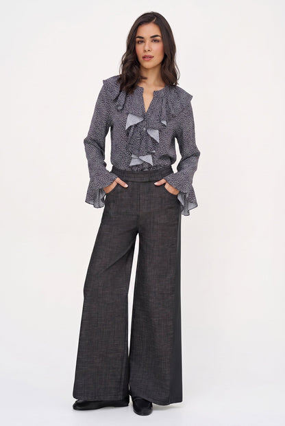 Women's Printed Button-Down Shirt with Ruffled Front, Collar & Cuffs