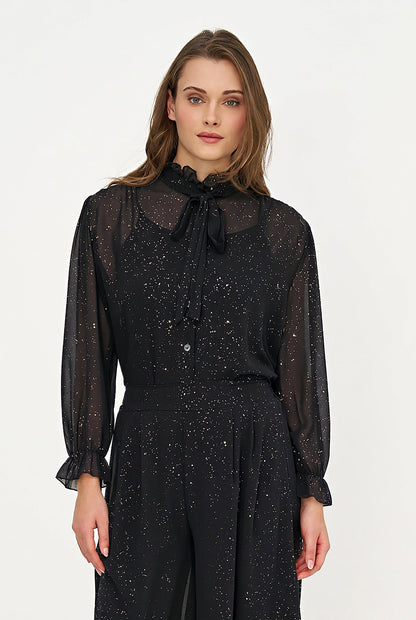 Women's Foil-Print Button-Down Shirt, Tie-Bow Collar & Removable Cami