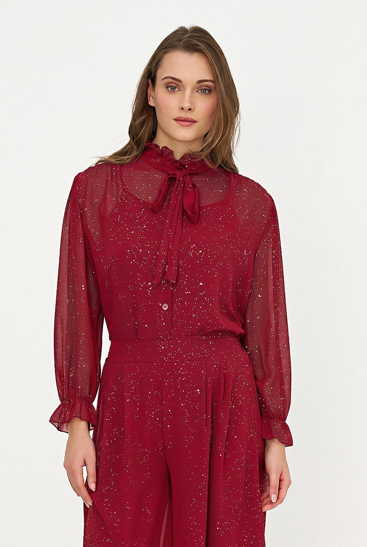 Women's Foil-Print Button-Down Shirt, Tie-Bow Collar & Removable Cami