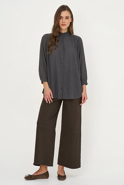 Women's Woven Button-Down Tunic Shirt, Long Sleeves & Stand Collar