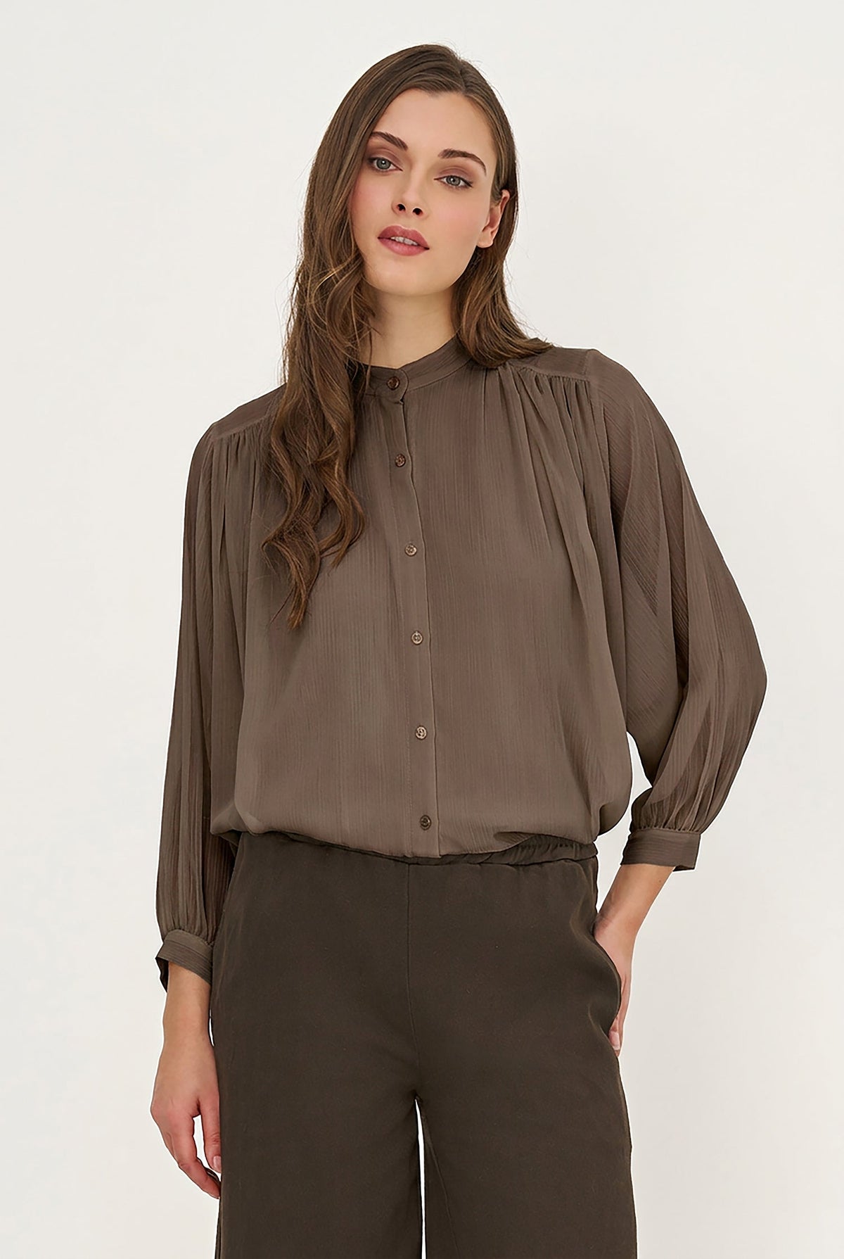 Women's Woven Button-Down Tunic Shirt, Long Sleeves & Stand Collar