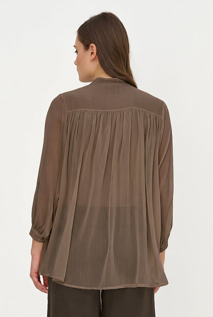Women's Woven Button-Down Tunic Shirt, Long Sleeves & Stand Collar