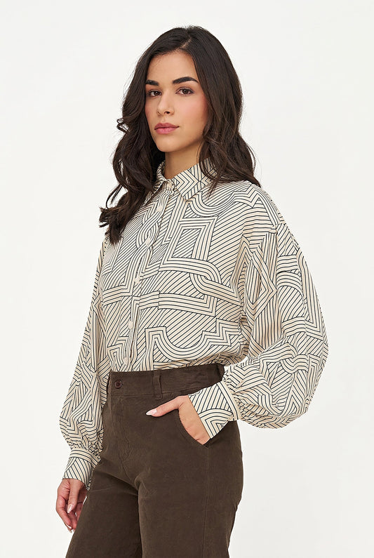 Women's Printed Button-Down Shirt with Long Sleeves Puffed at Cuffs