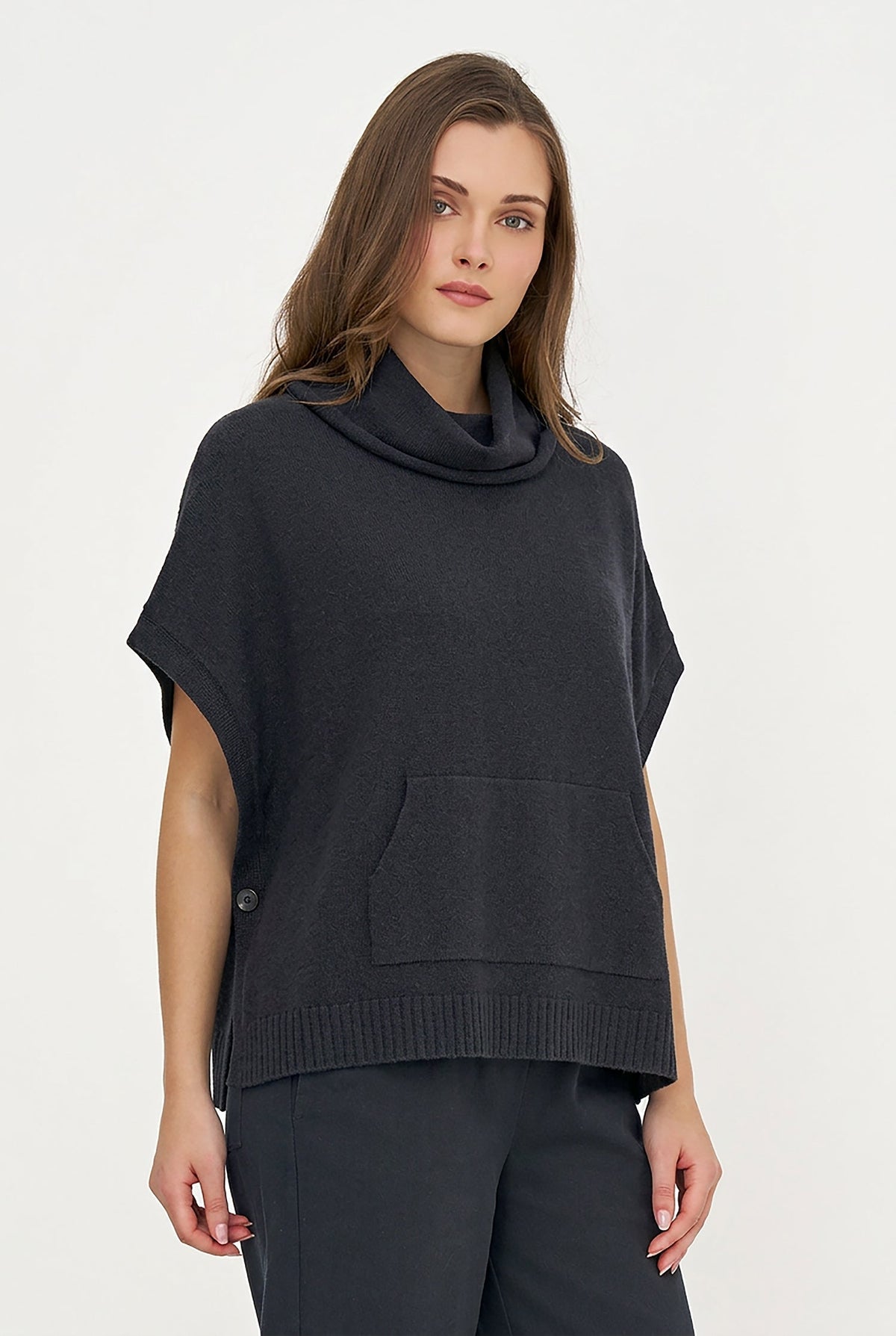 Women's Cowl Turtleneck Poncho with Side Buttons & Kangaroo Pocket