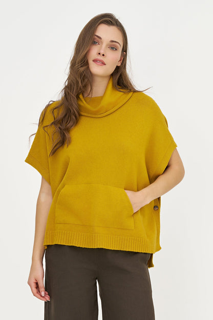 Women's Cowl Turtleneck Poncho with Side Buttons & Kangaroo Pocket