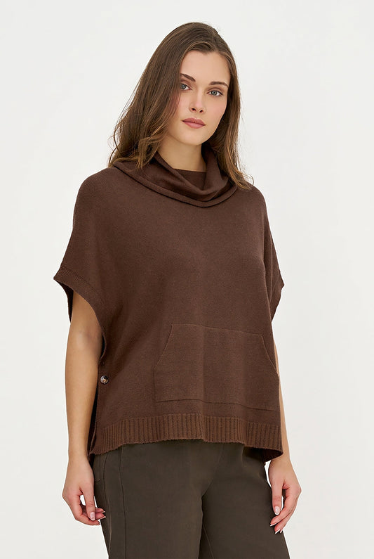 Women's Cowl Turtleneck Poncho with Side Buttons & Kangaroo Pocket