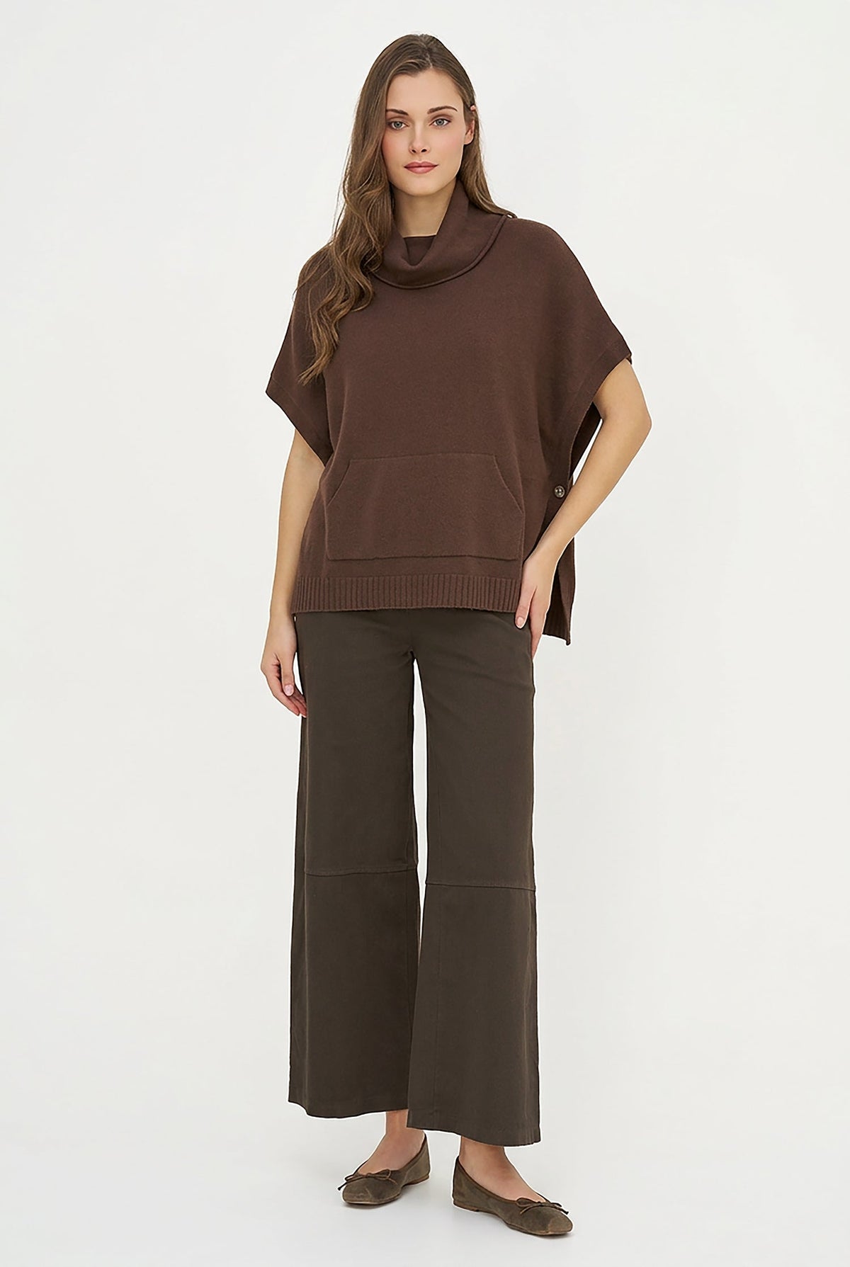 Women's Cowl Turtleneck Poncho with Side Buttons & Kangaroo Pocket