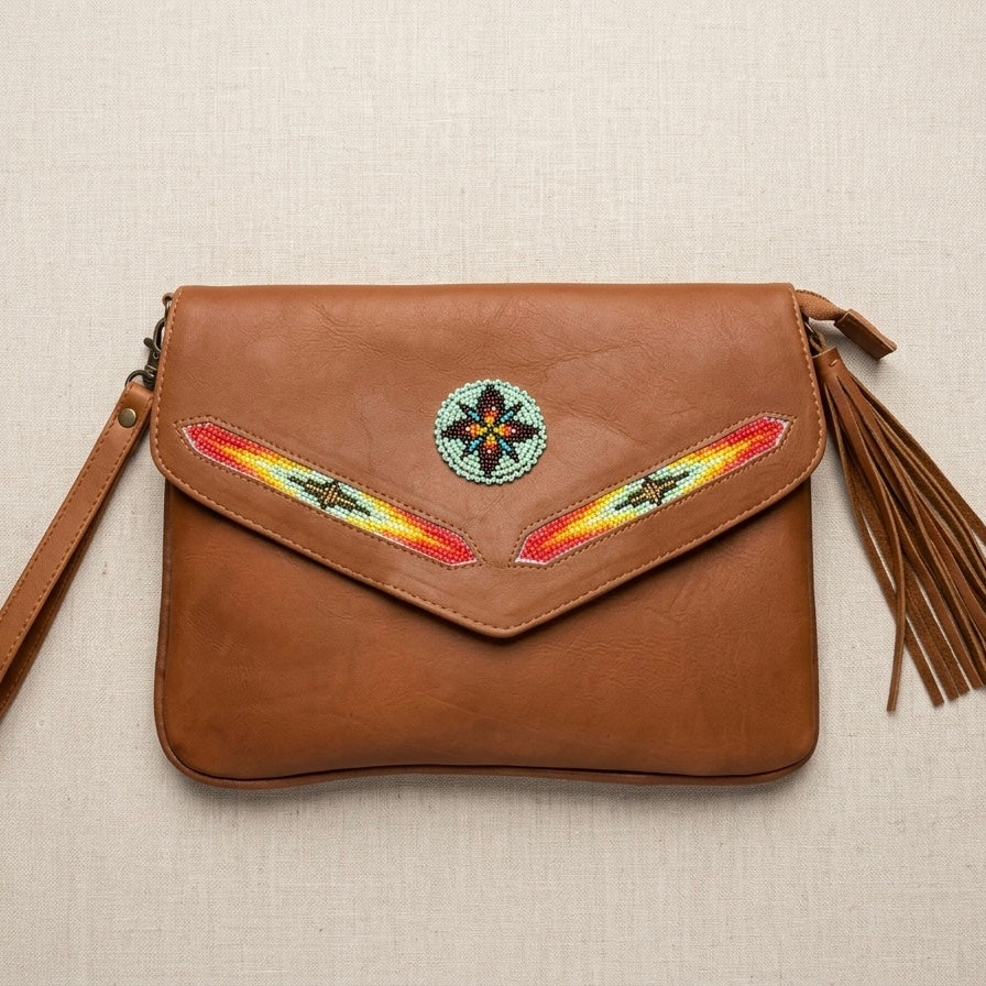 Leather beaded Crossbody bag(Brown)