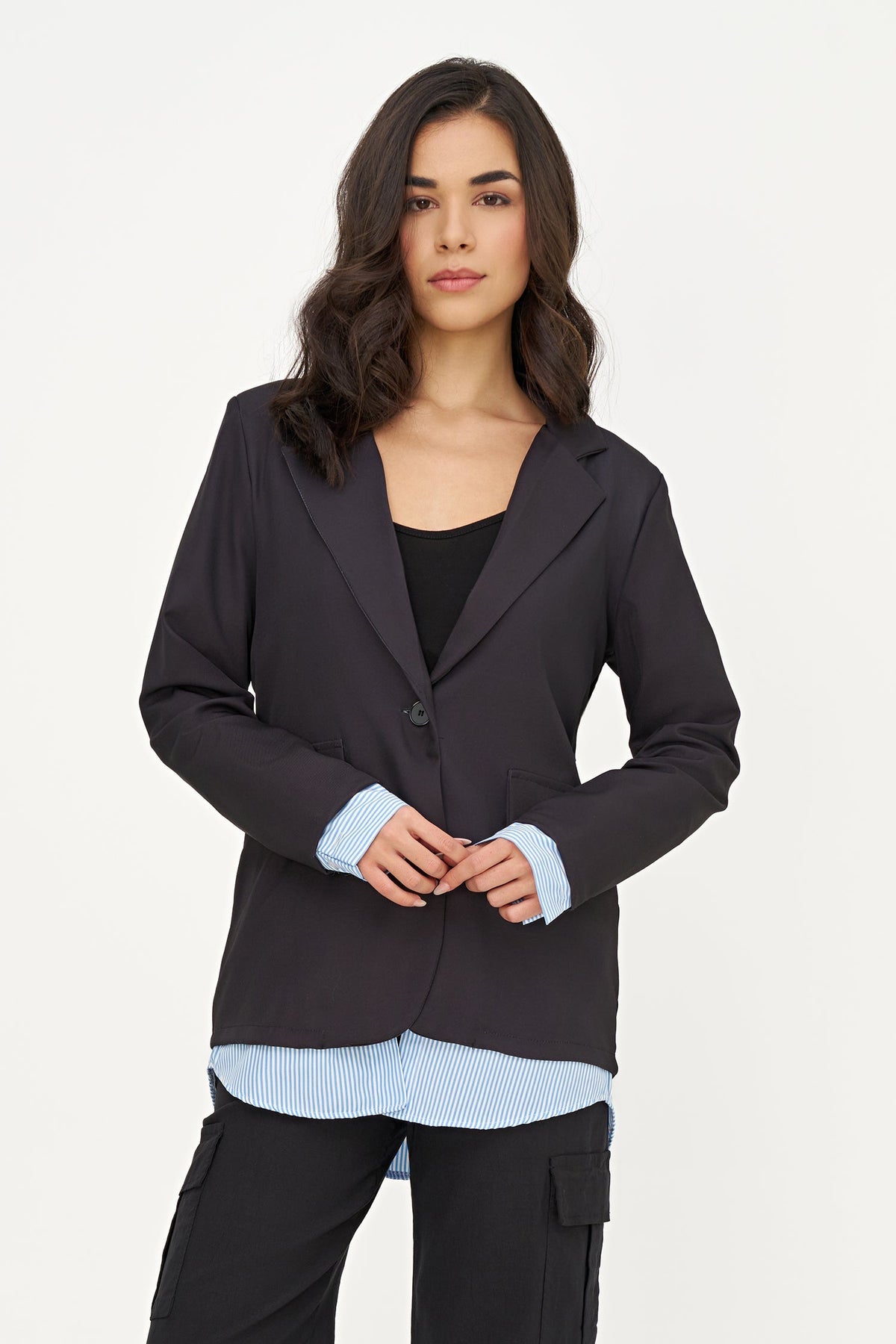 Women's Long-Sleeve Blazer, Striped Lining at Cuffs & High-Low Hem