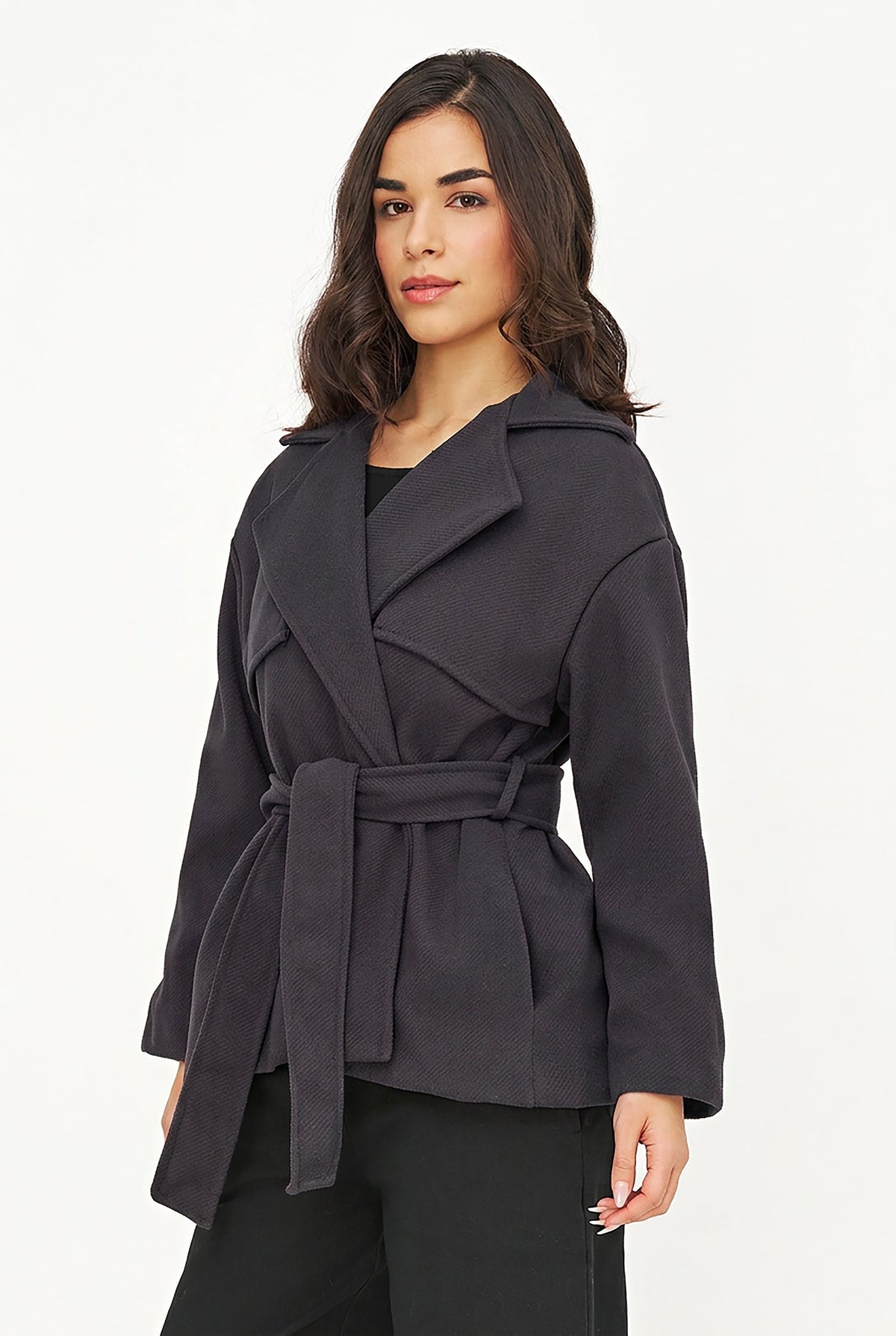 Women's Double-Breasted Coat, Lapel Collar, Flaps & Removable Belt