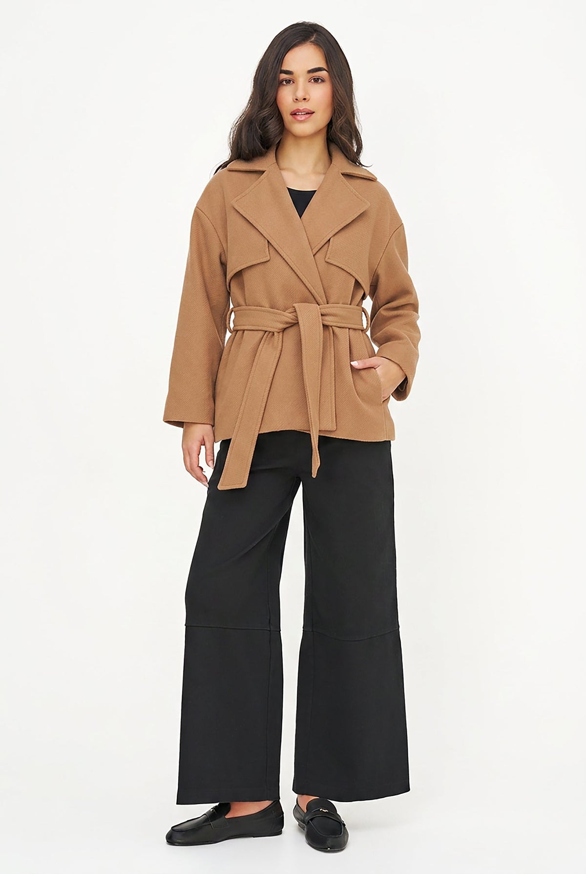 Women's Double-Breasted Coat, Lapel Collar, Flaps & Removable Belt
