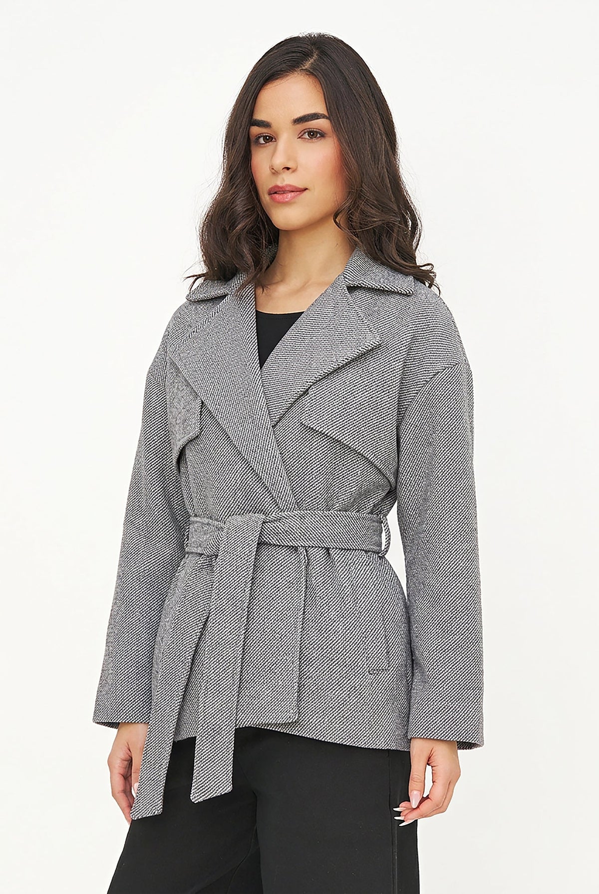 Women's Double-Breasted Coat, Lapel Collar, Flaps & Removable Belt