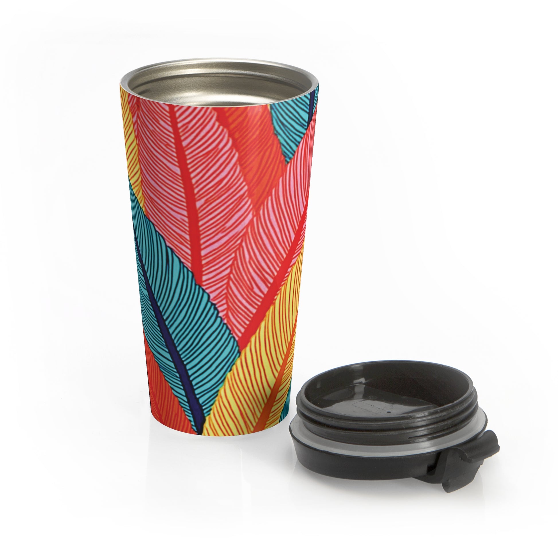 Tropical Feather Stainless Steel Travel Mug — Colorful Leaf Pattern, Insulated Coffee Tumbler - AURABAGS SHOP