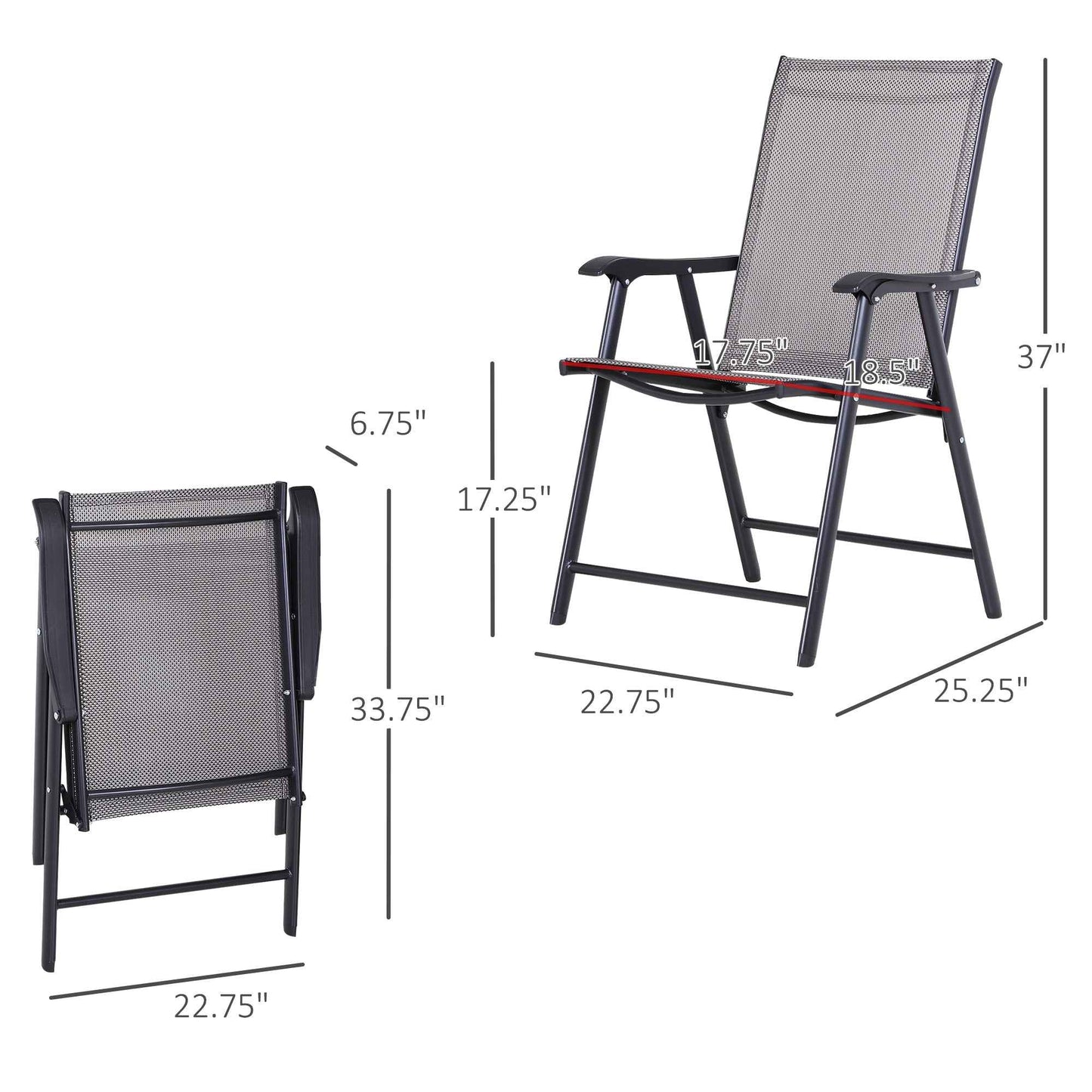 Set of 4 Outdoor Folding Chairs – Stackable Patio Dining Chairs with Armrests, Gray & Black Metal Frame (United States Delivery Only)