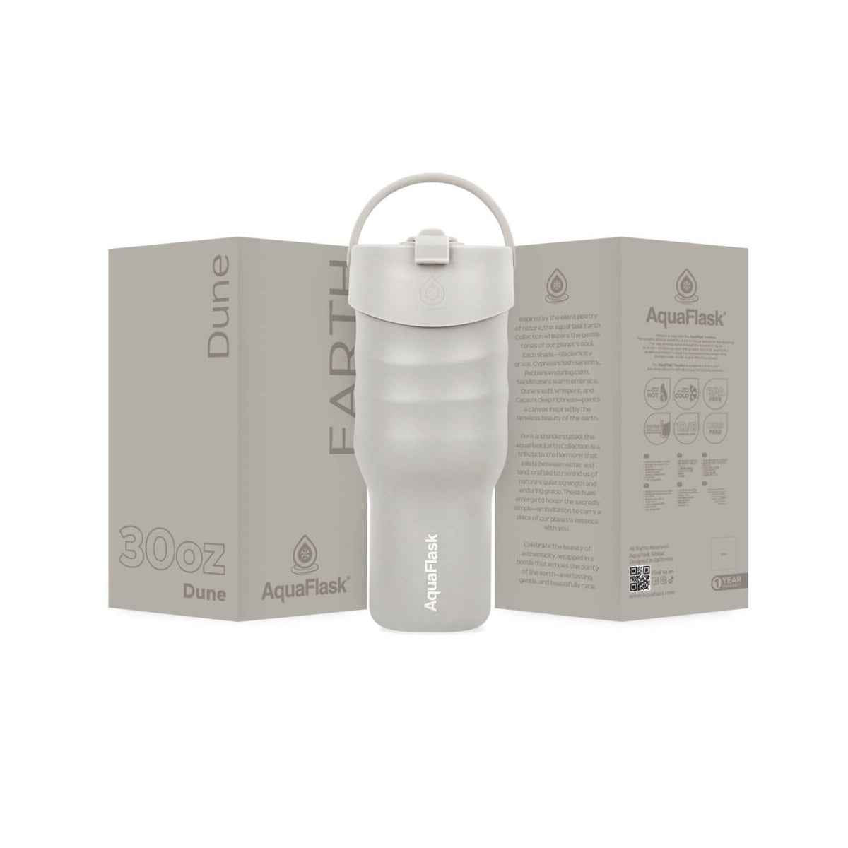 AquaFlask Earth Collection 30oz Insulated Stainless Steel Tumbler with Handle – Hot 12H / Cold 24H, Leak-Proof & Durable