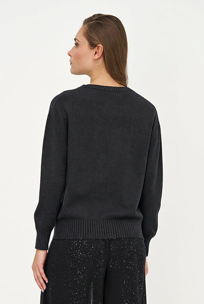 Women's Foil Polka-Dot Knit V-Neck Sweater with Long Sleeves