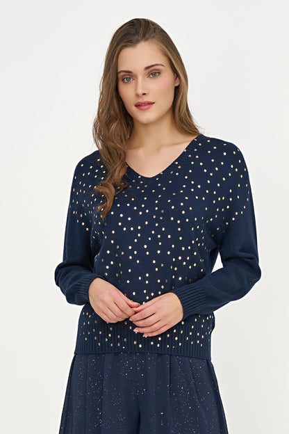 Women's Foil Polka-Dot Knit V-Neck Sweater with Long Sleeves