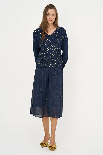 Women's Foil Polka-Dot Knit V-Neck Sweater with Long Sleeves