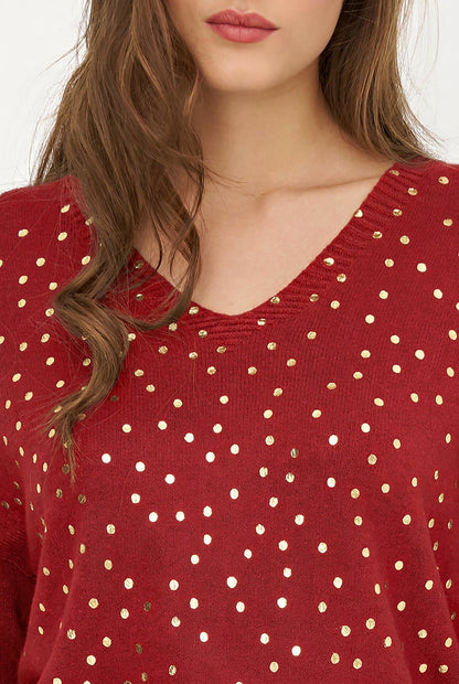 Women's Foil Polka-Dot Knit V-Neck Sweater with Long Sleeves