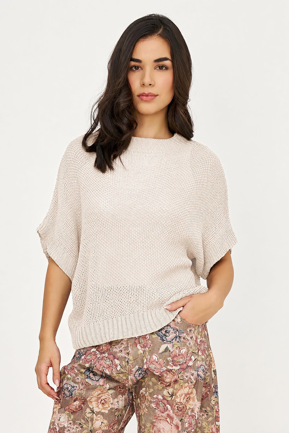 Women's Knit Boat-Neck Sweater with Short Sleeves