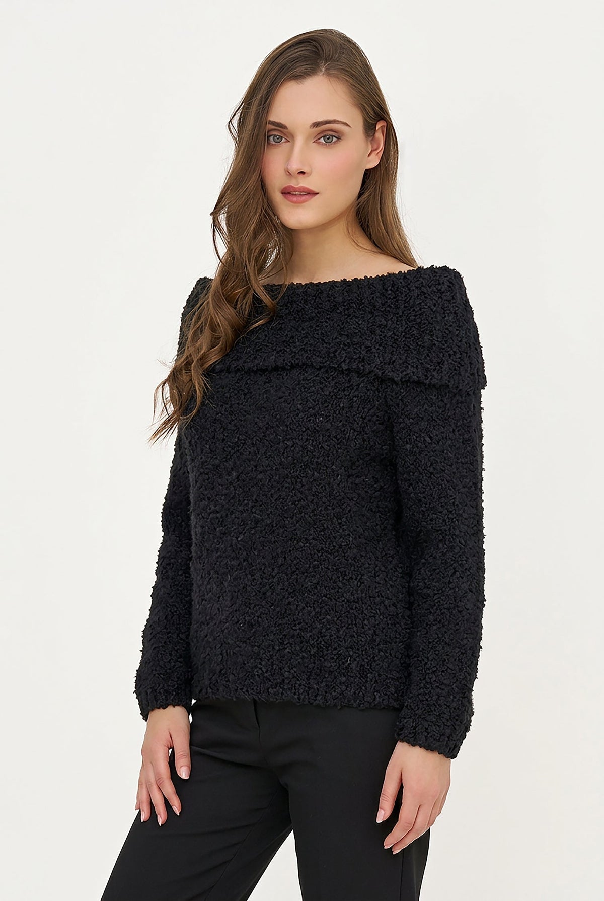 Women's Knit Off-Shoulder Sweater, Foldover Neckline & Long Sleeves