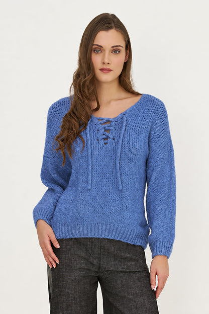 Women's Knit V-Neck Sweater, Long Sleeves & Cord Tie at Collar