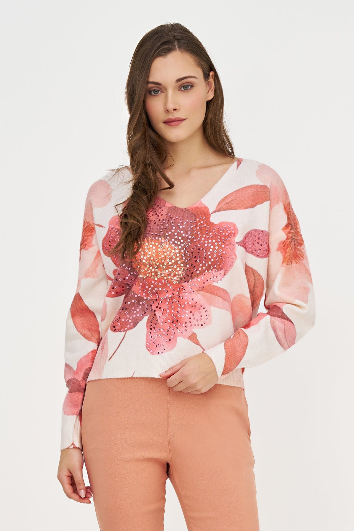 Women's Printed Knit V-Neck Sweater
