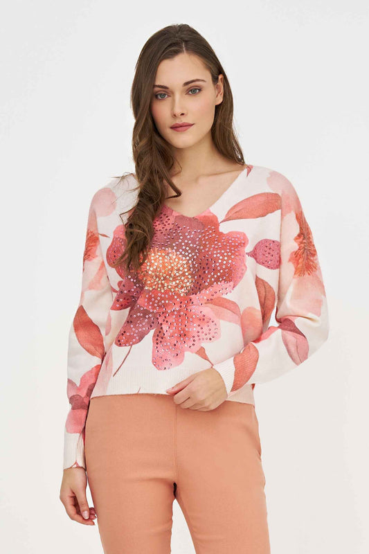 Women's Printed Knit V-Neck Sweater