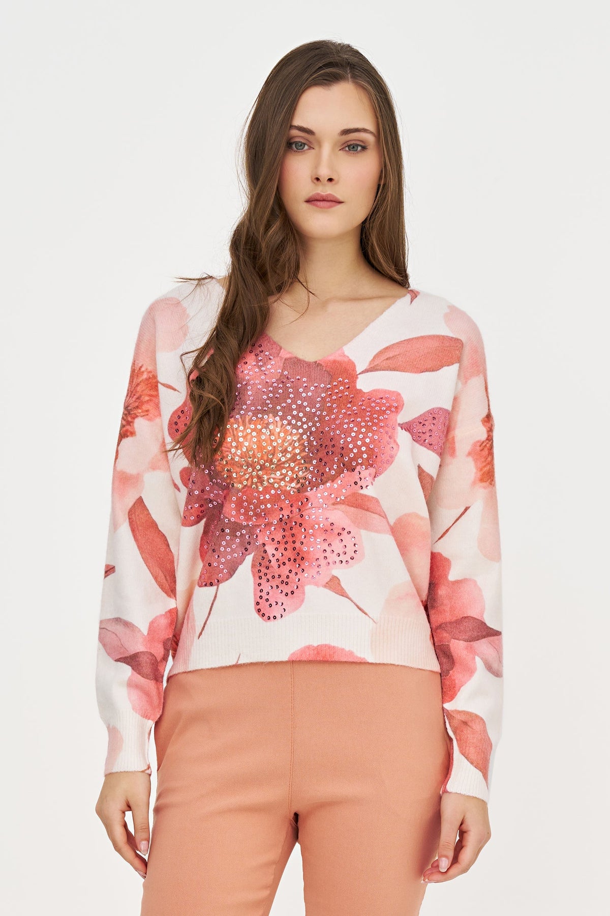 Women's Printed Knit V-Neck Sweater