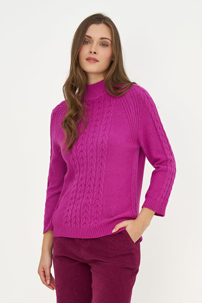Women's Cable-Knit Mock-Neck Sweater with Long Raglan Sleeves