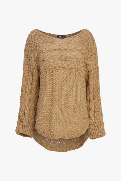 Women's Cable-Knit Scoop-Neck Sweater, Cuffed Sleeves & High-Low Hem